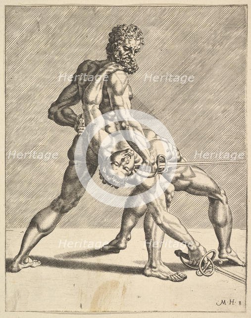 Two Fencers, from Fencers, plate 8, 1552. Creators: Dirck Volkertsen Coornhert, Cornelis Bos.