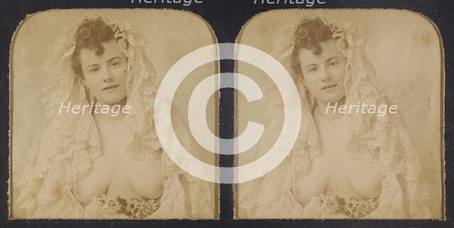 Woman wearing a lace mantilla with breasts exposed, 1855-1860. Creator: Unknown.