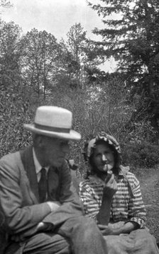 Cecil Sharp and Aunt Betsy smoking pipes, Appalachia, USA, c1917. Artist: Unknown