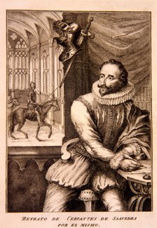 Miguel de Cervantes Saavedra (1547-1616), self-portrait  in 'Don Quixote', Madrid edition of 1674…