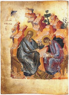 Saint John the Evangelist and Prochorus. From the Zaraysk Gospel, 1401.