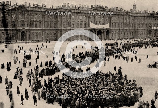 Demonstrators gather in front of the Winter Palace in Petrograd, 1917.