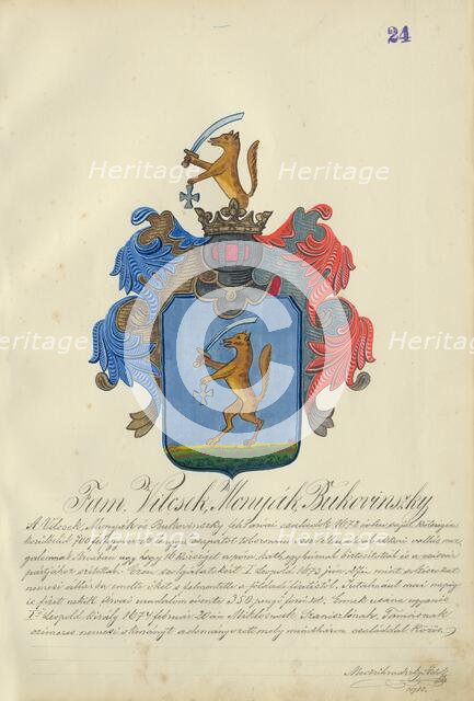 Coat of arms of the Vilcek, Monak, Bukovinska families, 1904. Creator: Adolf Medzihradsky.