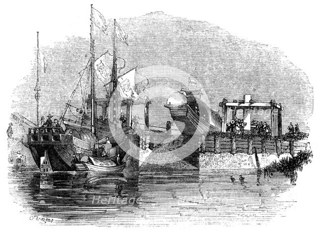 'Boat drawn over a sluice or lock on a canal', 1847. Artist: Giles