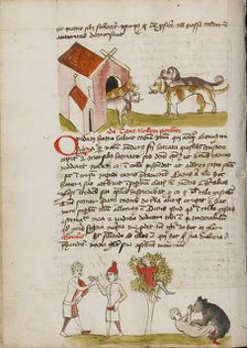 Four Dogs before a Doghouse: Two Men Making an Agreement; Fables, third quarter of 15th century. Creator: Unknown.