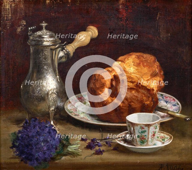 Still life with coffee pot, brioche, porcelain and bouquet of violets, . Creator: Huas; Pierre Adolphe (1838-1900).