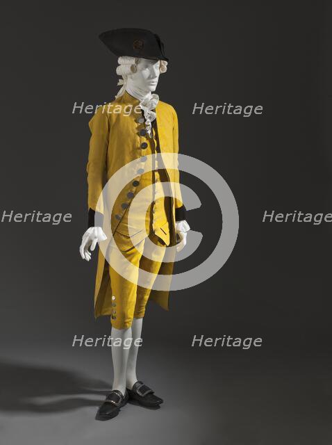 Man's 3-piece suit (coat, waistcoat, and breeches), Spain, c.1785. Hat: c.1780.. Creator: Unknown.