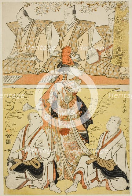 The Actors Segawa Kikunojo III as Koito, Sawamura Sojuro III as the monk Sainenbo, and Ich..., 1783. Creator: Torii Kiyonaga.
