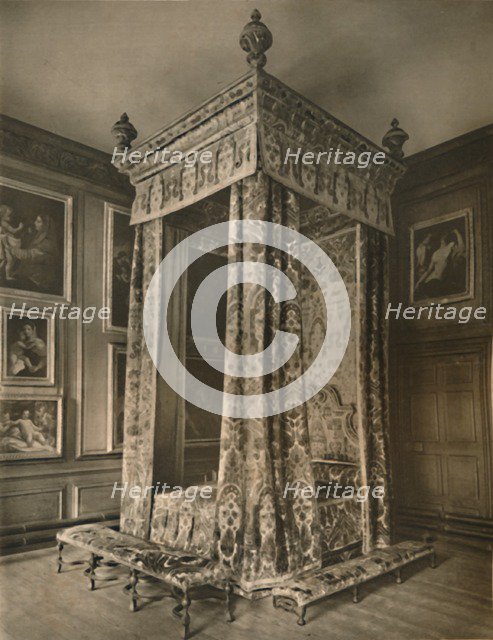 'Queen Anne's State Bedstead in Crimson and Gold Figured Velvet', 1927. Artists: Edward F Strange, Unknown.