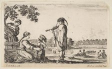A man playing the violin in center, turned towards the left in profile, a seated woman to ..., 1649. Creator: Stefano della Bella.