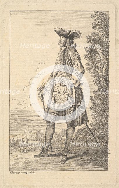 Man walking and carrying a cane in his right hand, shown in three-quarters view with h..., ca. 1710. Creator: Jean-Antoine Watteau.
