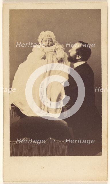 Baby in a bonnet and a long gown, about 1860. Creator: Desire Durand.