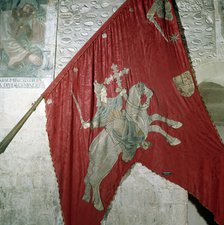 San Isidoro (560-636), Archbishop of Seville, detail of the banner of the Baeza of his equestrian…