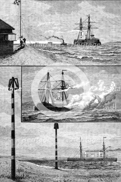 H.M.S. Inflexible at Ports Mouth: 1. swinging compasses off Magnetic Station, Gilkicker Point, 1881. Creator: Unknown.