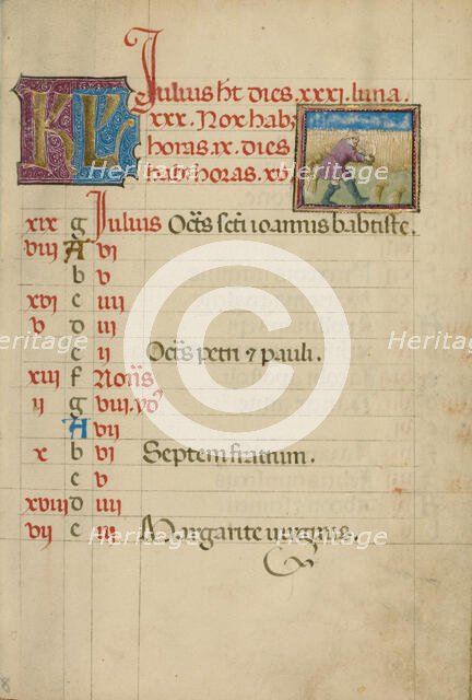 July Calendar Page; Harvesting Grain; Book of Hours, about 1460. Creator: Unknown.