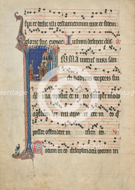 Initial P: Saint Bernard Displaying the Host to William of Aquitaine; Antiphonal, about 1260-1270. Creator: Unknown.