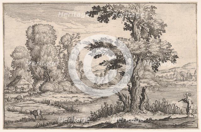 Landscape with goats grazing near a river and a figure in the right foreground, from a ser..., 1638. Creator: Ercole Bazicaluva.