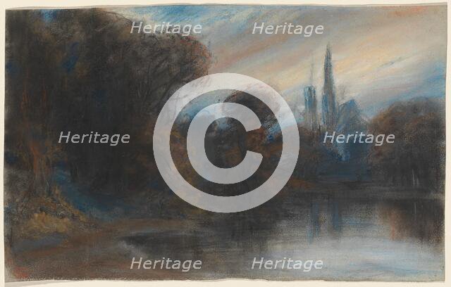 An Abbey by a Wooded Lake at Twilight, c. 1831. Creator: Paul Huet.