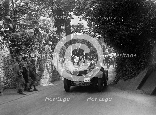 Jaguar SS100 of HE Bradley competing in the MCC Torquay Rally, 1938. Artist: Bill Brunell.