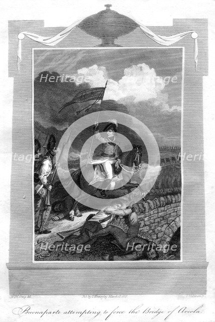 Napoleon Bonaparte attempting to force the bridge of Arcola, 1816.Artist: T Wallis
