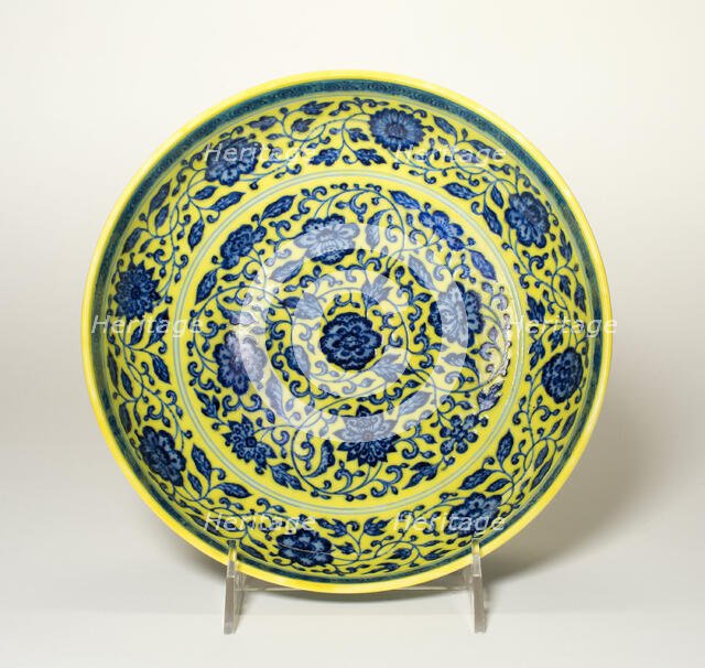 Dish with Peony and Lotus Flowers, Qing dynasty, Yongzheng reign mark (1723-1735). Creator: Unknown.