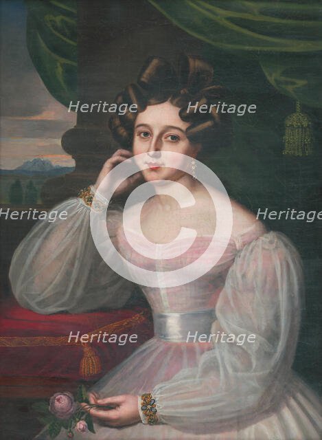 Portrait of a young woman in a pink dress, holding a rose, 1829. Creator: János Rombauer.