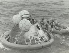 [Astronauts in Lifeboat After Apollo 11 Splashdown], 1969. Creator: NASA.