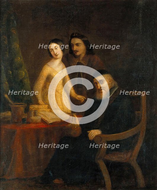 A physician holding a urine flask in the presence of a young woman and man, between 1800 and 1899. Creator: Unknown.