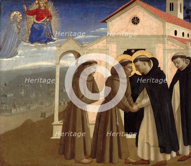 Meeting of Saint Francis and Saint Dominic (Scenes from the life of Saint Francis of Assisi), ca 142 Artist: Angelico, Fra Giovanni, da Fiesole (ca. 1400-1455)