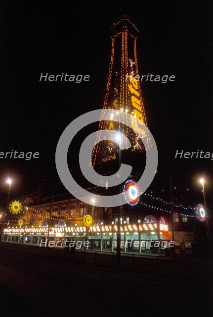 Blackpool Tower lit up by night, Blackpool, 1999. Artist: P Williams