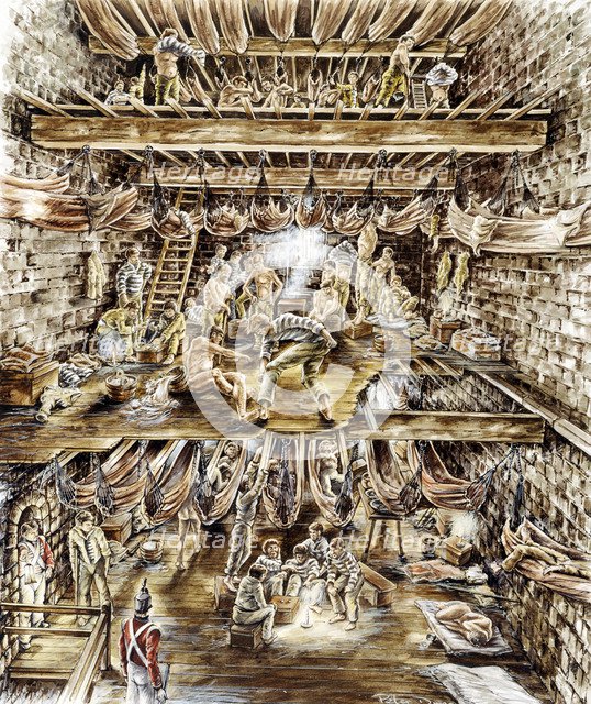 Napoleonic prisoners crowded into the keep of Portchester Castle, Hampshire, 19th Century (c2000s). Artist: Historic England Staff graphic artist.