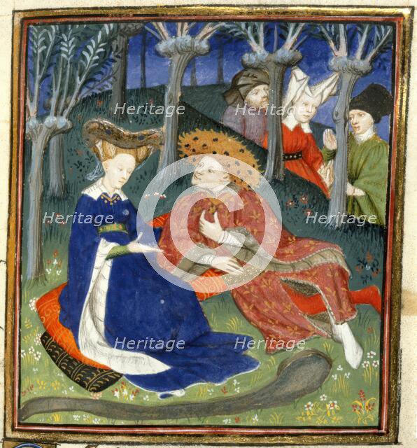 Duke and ladies in a garden, 1410-11. Creator: Master of the Cite des Dames.