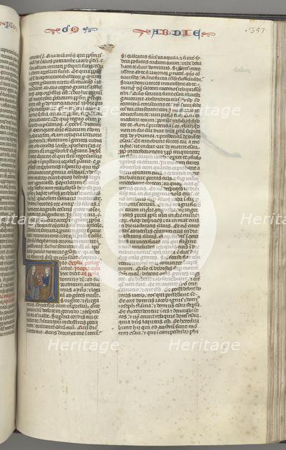 Fol. 357r, Obadiah, historiated initial V, Obadiah and a Jew in discussion, c. 1275-1300. Creator: Unknown.