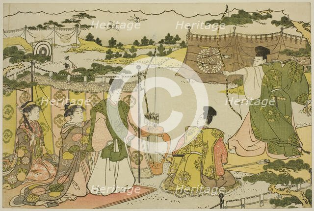 The First Archery Practice of the New Year (Yumi hajime), from the illustrated book..., c. 1787. Creator: Torii Kiyonaga.