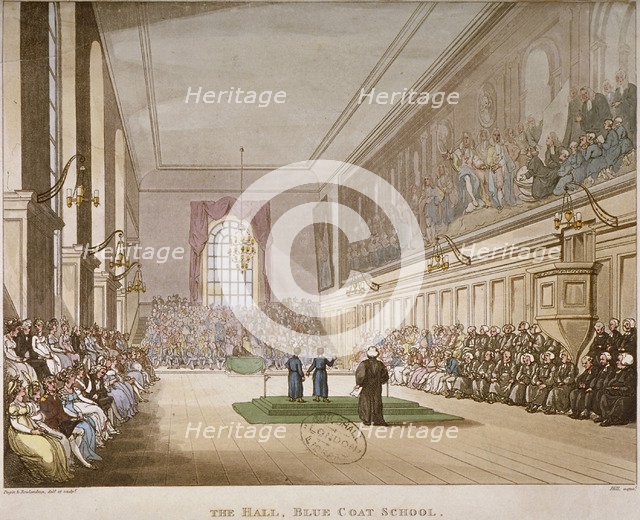 Interior view of the hall of Christ's Hospital, with an event taking place, City of London, 1808. Artist: Augustus Charles Pugin