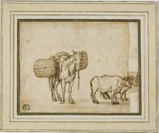 Two Sketches: Mule Carrying Baskets, Pair of Yoked Oxen, n.d. Creator: Cornelis de Wael.