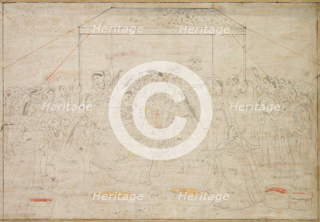 Hindu God Krishna Being Dressed in Women's Clothes for Spring Festival Holi, c. 1790. Creator: Unknown.