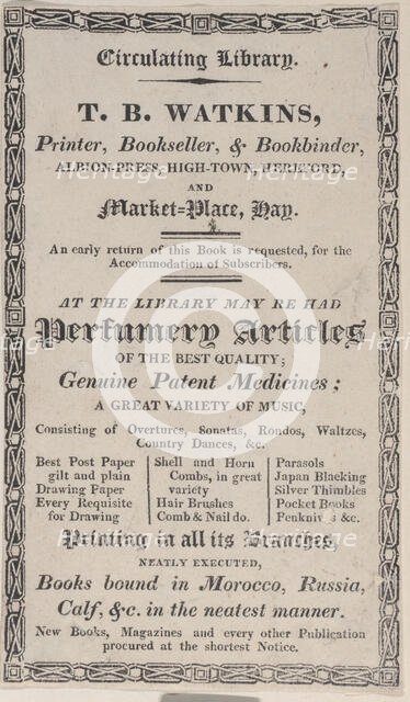 Trade Card for T. B. Watkins, Printer, Bookseller, & Bookbinder, 19th century. Creator: Anon.