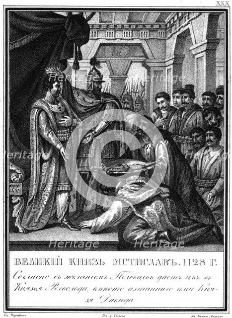 Mstislav I appointed Rogvolod to Prince of Polotsk. 1128 (From Illustrated Karamzin), 1836. Artist: Chorikov, Boris Artemyevich (1802-1866)
