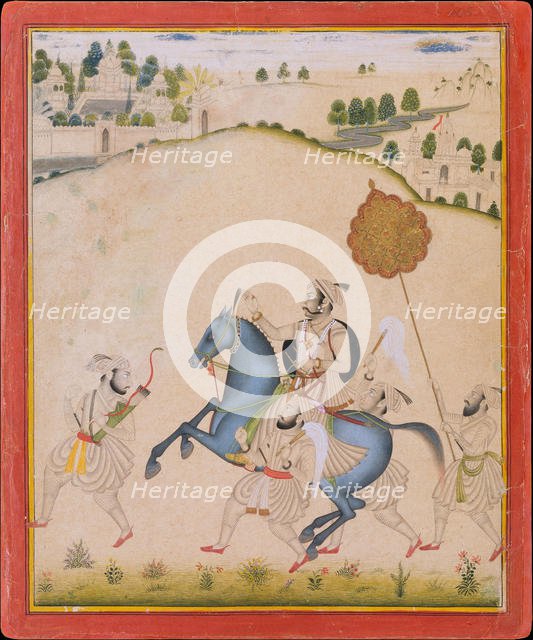 Maharana Amar Singh II Riding a Jodhpur Horse, ca. 1700-1710. Creator: Stipple Master.