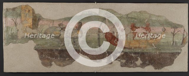 Nilotic landscape scene with pygmies and phallic boat, 1st century. Creator: Roman-Pompeian wall painting.