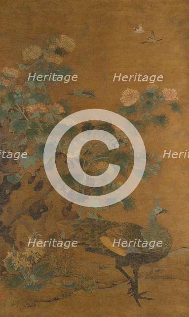 Peacock and Hollyhocks, mid-14th century. Creator: Bian Lu.