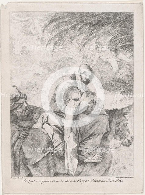 The flight into Egypt, the Virgin and Child on a donkey, Joseph to the left, after ..., ca. 1765-93. Creator: José del Castillo.