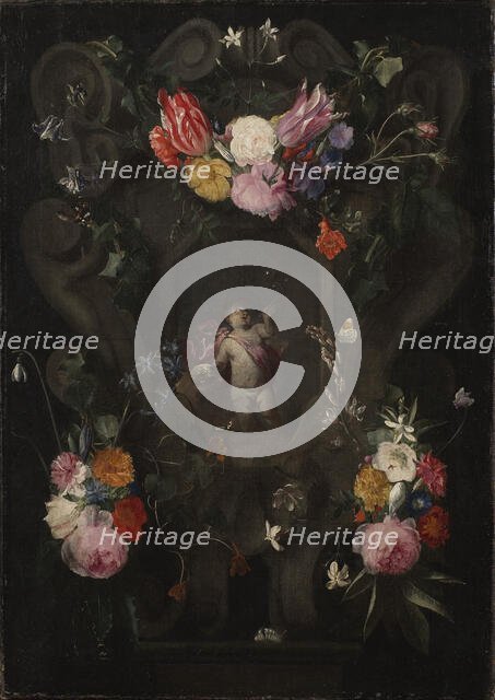 Flowers Around a Cartouche with an Image of Putto. Creator: Unknown.