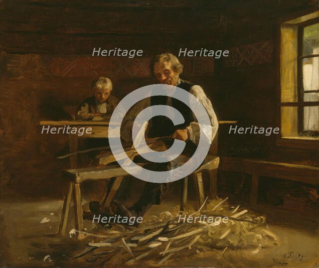 Interior from Vikoy with Farmer making Barrel Hoops, 1873. Creator: Adolph Tidemand.