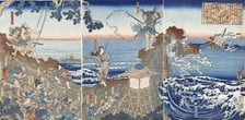 At Izu no Oshima, Chinzei Hachiro Tametomo Shoots an Enemy Warship with an Arrow, c1843.