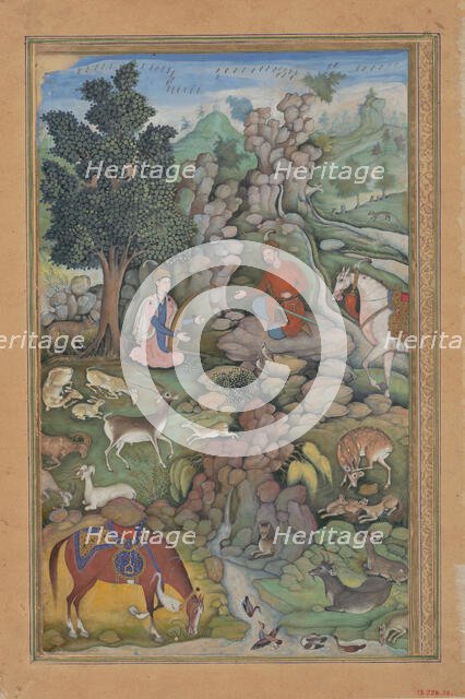 Bahram Gur Sees a Herd of Deer Mesmerized by Dilaram' s Music, Folio from..., 1597-98. Creator: Miskin.