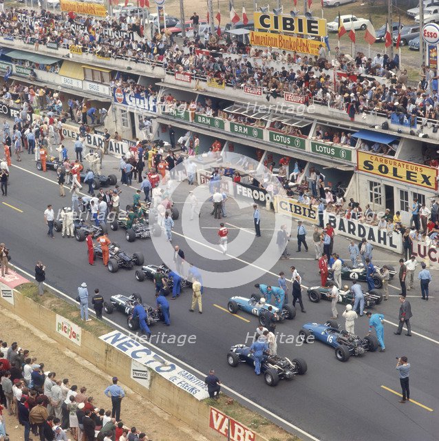 Cars lining up on the starting grid, French Grand Prix, Le Mans, France, 1967. Artist: Unknown
