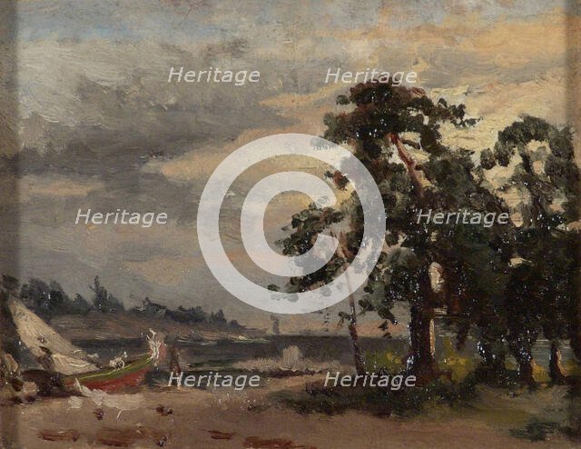 Coastal landscape, pine trees and a boat, 1863. Creator: Berndt Lindholm.