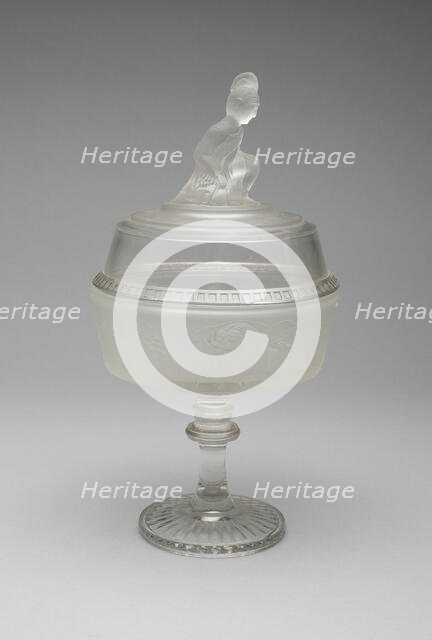 Westward Ho!/Pioneer pattern covered compote on pedestal, c. 1876. Creator: Gillinder & Sons.